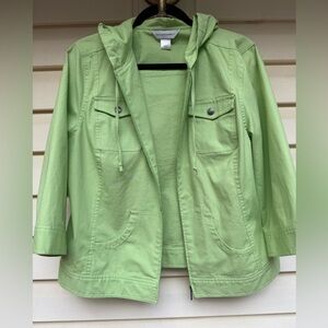 Christopher & Banks lime green waist length hooded jacket,front zipper/buttons,L
